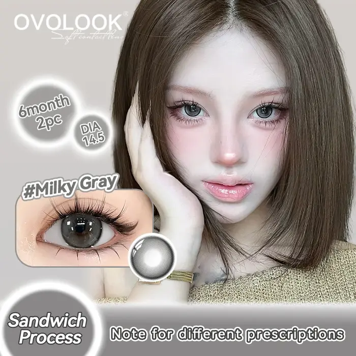 OVOLOOK-2PCS Lentilles de contact grises à effet agrandissant pour les yeux, confortables et antidérapantes, style coréen "yeux de chiot"