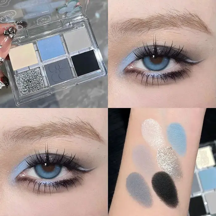 Palette de fards à paupières fumés, gris mat, bleu, 6 couleurs, paillettes argentées, acrylique, maq