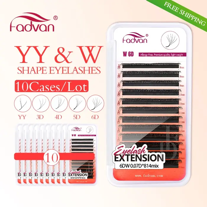 FADVAN 10 pièces Extensions de cils en forme de W YY/3D/4D/5D 0,07 mm LU/L/C/D pour professionnels, 