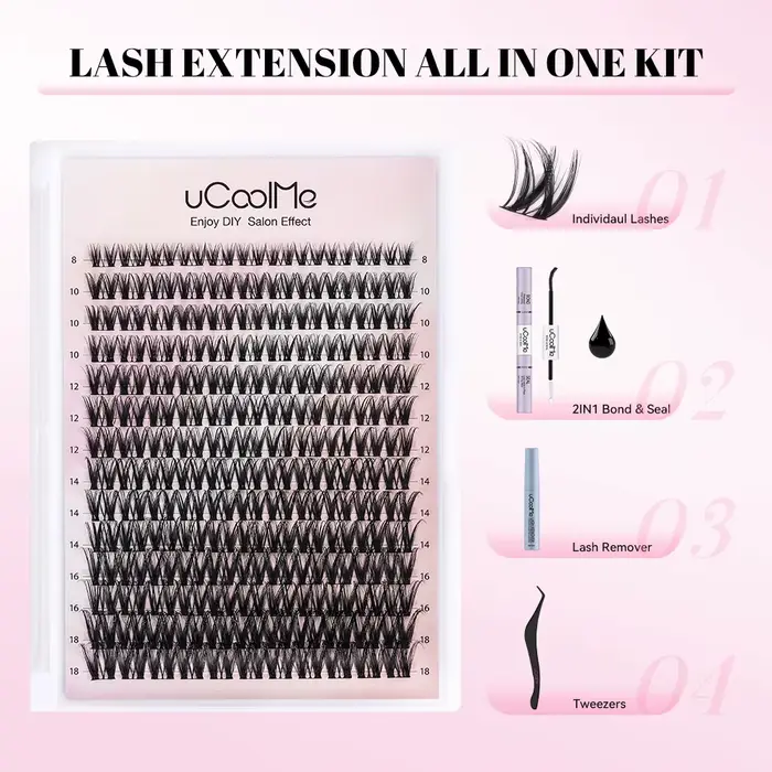 Kit d'extension de cils uCoolMe Lashes Flora 0.05mm, bouquets définis et volumineux, avec colle et d