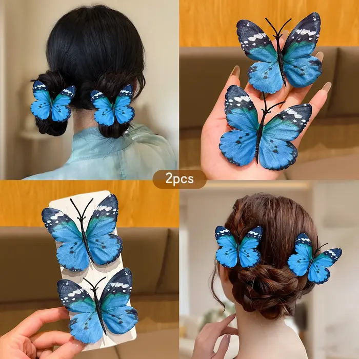 2 pinces à cheveux papillon fée bleu eau adaptées aux accessoires
