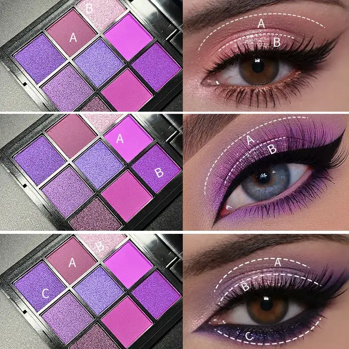 Palette de fards à paupières violets de 9 couleurs avec ensemble de pinceaux à double extrémité gratuit – Shimmer mat riche et nuances scintillantes pour le maquillage quotidien et de fête