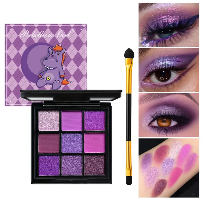 Palette de fards à paupières violets de 9 couleurs avec ensemble de pinceaux à double extrémité gratuit – Shimmer mat riche et nuances scintillantes pour le maquillage quotidien et de fête
