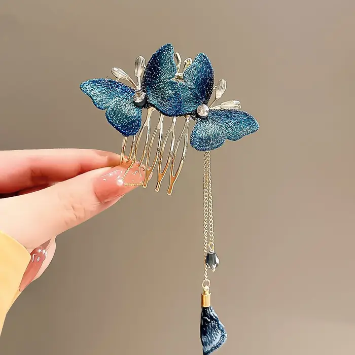 Pince à Cheveux Papillon Bleu Foncé pour Femme, Peigne, Prairie Alberoise, Épingle, Fleur de Bambou,