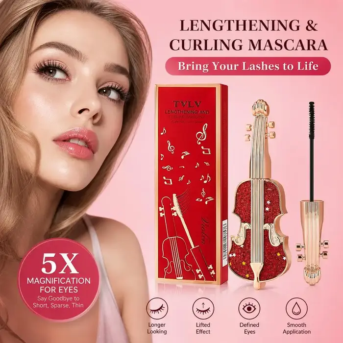 Mascara allongeant et recourbant Violin, waterproof, avec brosse fine et très fine pour un recourbement longue durée, sans bavures, pour un maquillage des yeux soigné.