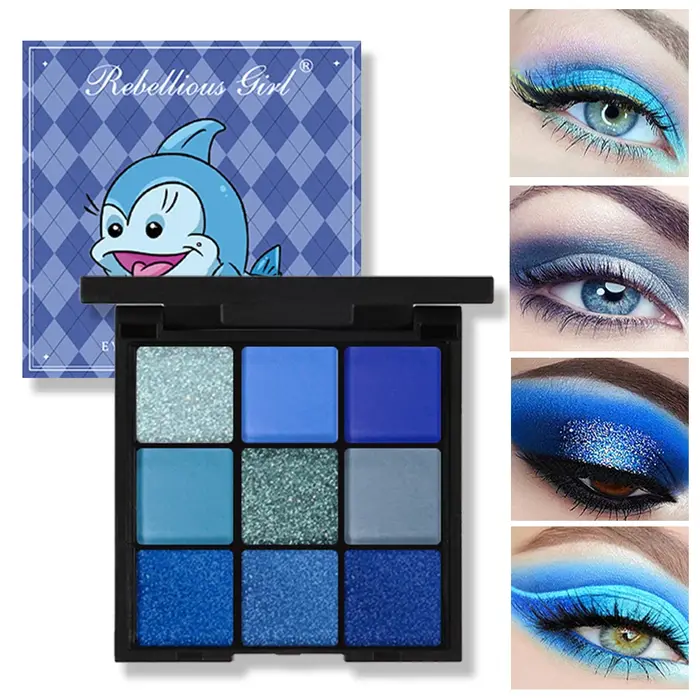 Palette de fards à paupières bleu, 9 couleurs, mat, scintillant, dauphin, paillettes, maquillage pig