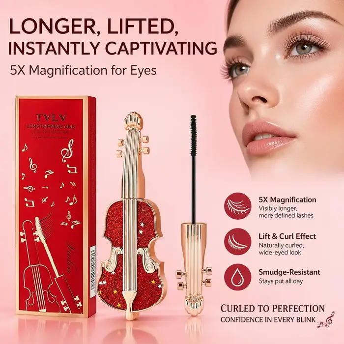 Mascara allongeant et recourbant Violin, waterproof, avec brosse fine et très fine pour un recourbement longue durée, sans bavures, pour un maquillage des yeux soigné.