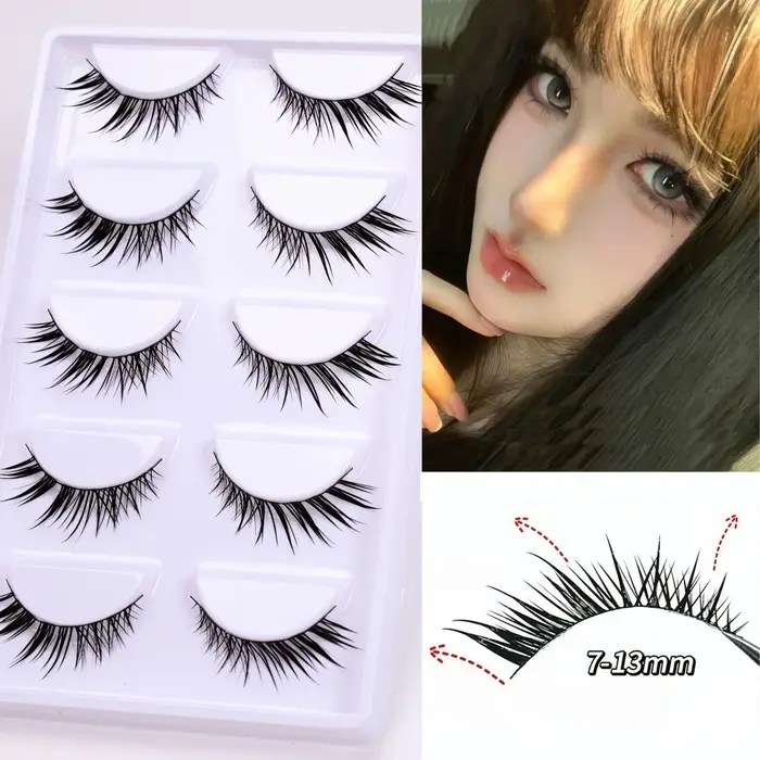5 paires de faux cils volants diagonales avec de fines tiges noires, naturellement recourbés et reco