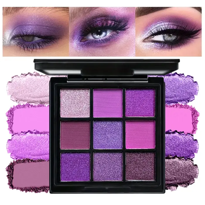 Palette de fards à paupières violets de 9 couleurs avec ensemble de pinceaux à double extrémité gratuit – Shimmer mat riche et nuances scintillantes pour le maquillage quotidien et de fête