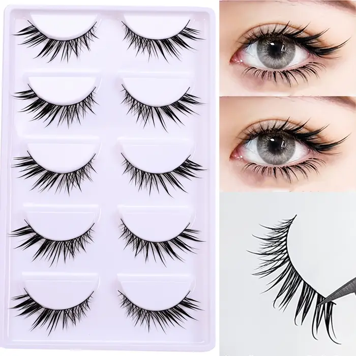 5 paires de faux cils volants diagonales avec de fines tiges noires