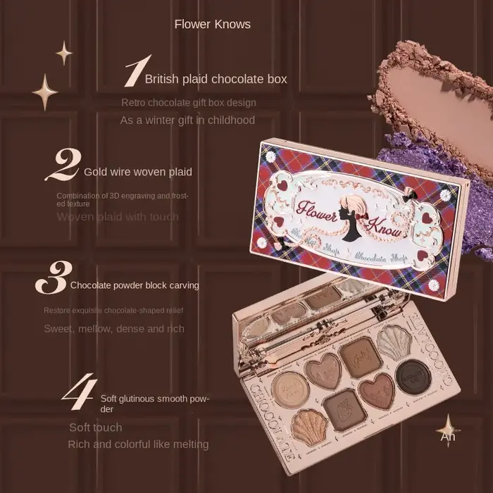 Flower Knows Chocolate Shop Palette de fards à paupières hautement pigmentée Shimmer Mat Glitter Ombre