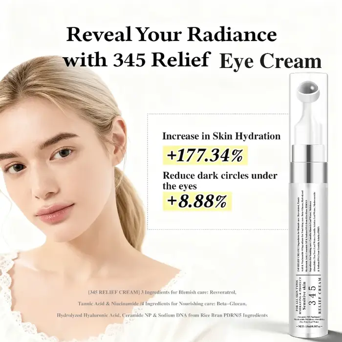 Crème Contour des Yeux Apaisante et Réparatrice 345 Relief – Roll-on Multi-Soin Hydratation Profonde et Apaisement Doux pour Tous Types de Peau 15ml