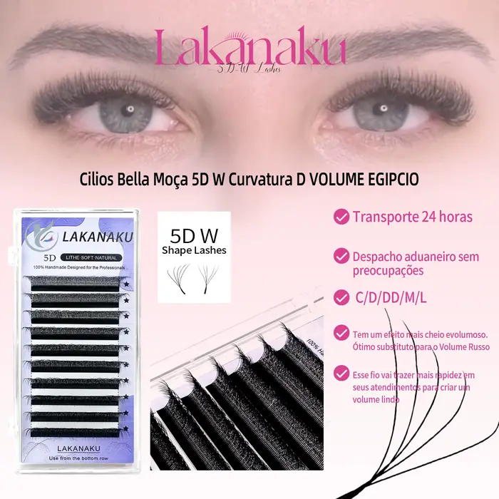 LAKANAKU Fio 5W Extension de cils en forme 6 plateaux Volume Egipcio doux individuel préfabriqué Vol