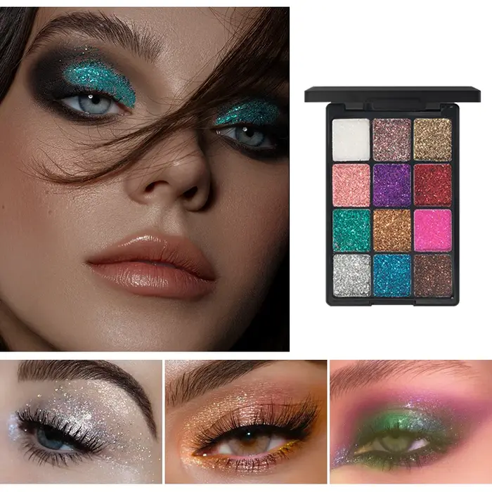 Palette de fards à paupières à paillettes de 12 couleurs - Métal diamant hautement pigmenté et durable et nuances mates pour un look de maquillage pour les yeux éblouissant
