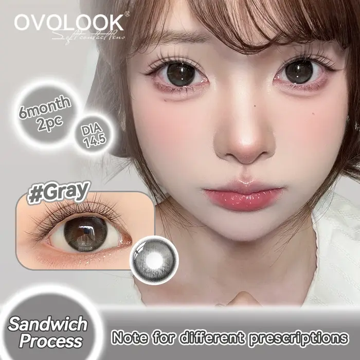 OVOLOOK-2PCS Lentilles de contact grises à effet agrandissant pour les yeux, confortables et antidérapantes, style coréen "yeux de chiot"