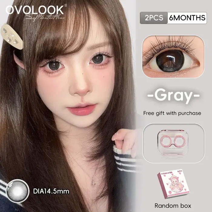 OVOLOOK-2PCS Lentilles de contact grises à effet agrandissant pour les yeux, confortables et antidérapantes, style coréen "yeux de chiot"