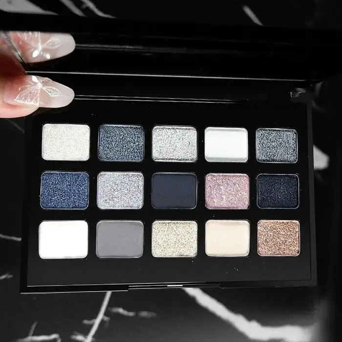 Palette de fards à paupières fumés aux tons froids, 15 nuances, gris foncé, métallique, scintillant, mat, pigmenté, maquillage pour les yeux imperméable
