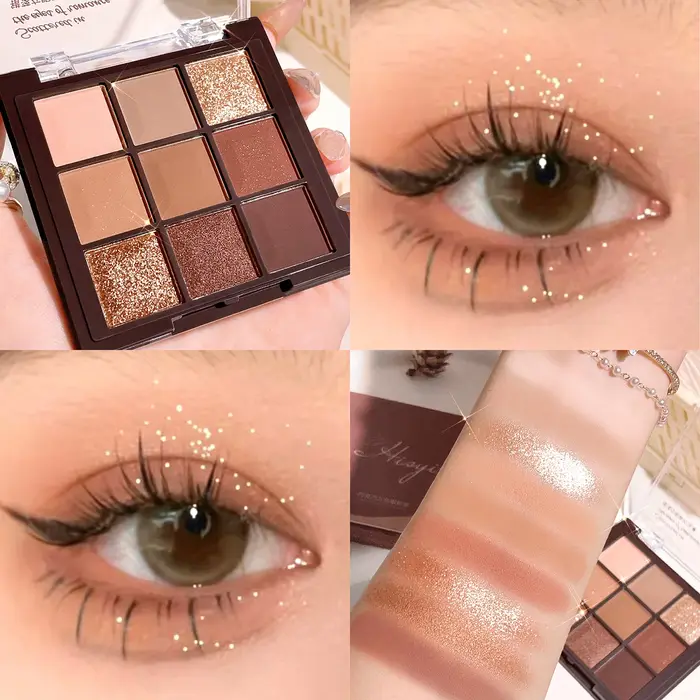 Palette de fards à paupières chocolat 9 couleurs avec perle brillante, paillettes fines, tons terre 