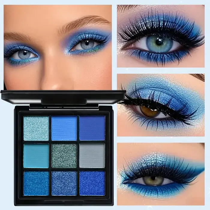 Palette de fards à paupières luxueuse bleue 9 couleurs - Effet mat velouté et scintillant, maquillage pour les yeux fumés durable, imperméable et longue tenue