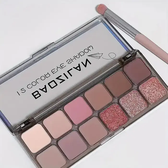 Palette de fards à paupières 12 couleurs, tons terreux avec finitions scintillantes et mates, aborda