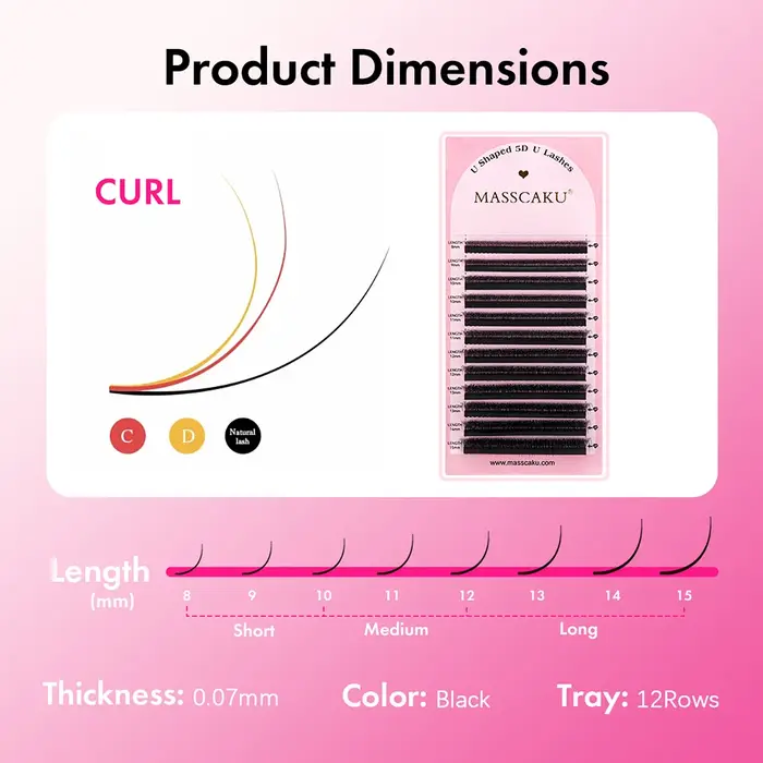 Cils faux MASSCAKU C/D en forme de U 3D/4D/5D/6D/8D/10D Mix 8-15MM