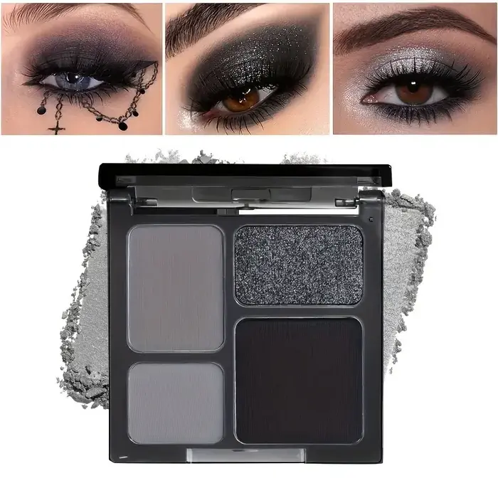 Palette de fards à barrage pailletés perlés, maquillage punk fumé, noir, gris, argent, fête d'Hallow