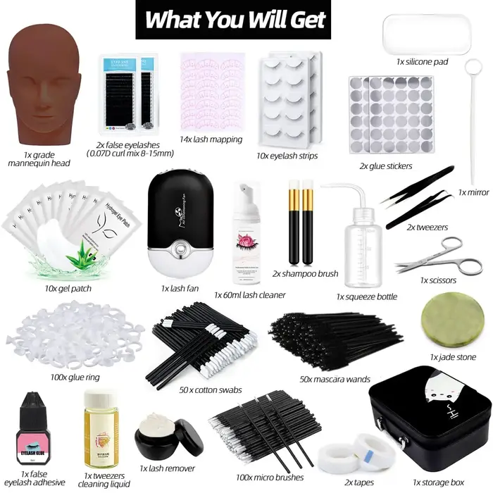 Kit d'extension de cils professionnel avec tête de mannequin, ventilateur USB, shampoing, colle et b