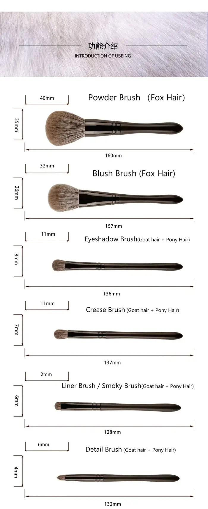 6 pièces/ensemble pinceaux de maquillage en cheveux de renard ensemble poudre fard à joues pli