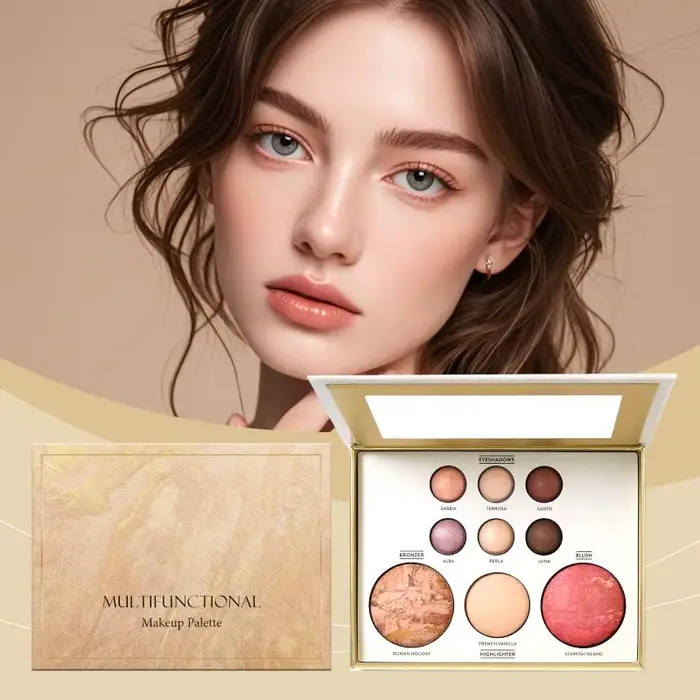 Palette de maquillage multifonctionnelle comprenant des fards à paupières dorés, du contouring, du b