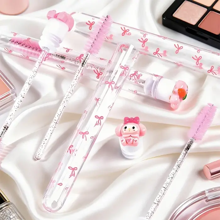 10 brosses à mascara roses en forme de dessin animé avec étui à nœud papillon, applicateur anti-poussière pour extensions de cils, peigne à sourcils, outil de maquillage