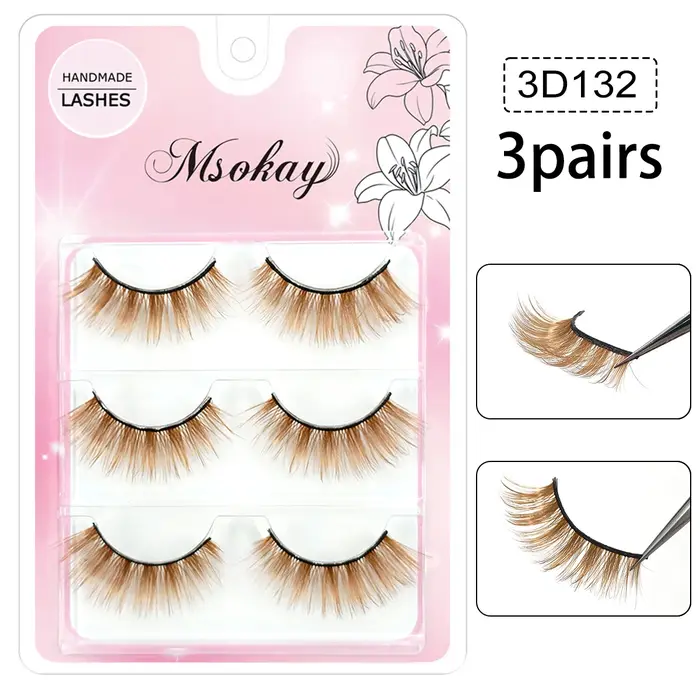 3 paires de faux cils arc-en-ciel, cils bruns pour cosplay, cils blonds pour maquillage, cils bleus