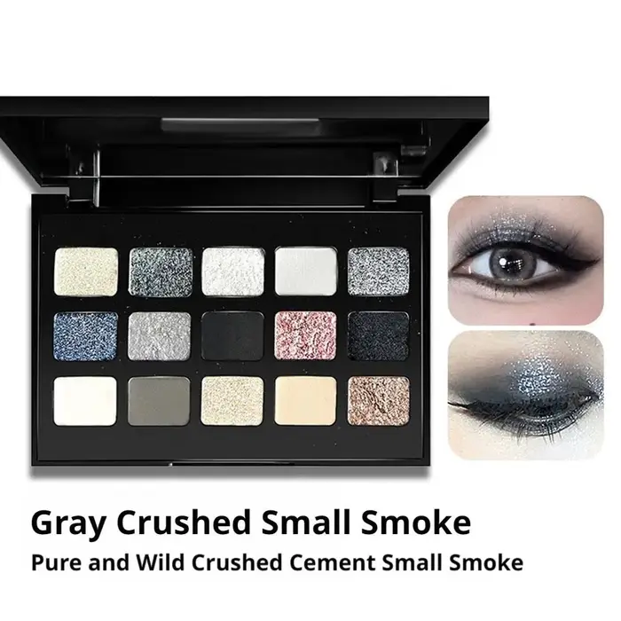 Palette de fards à paupières fumés aux tons froids, 15 nuances, gris foncé, métallique, scintillant, mat, pigmenté, maquillage pour les yeux imperméable