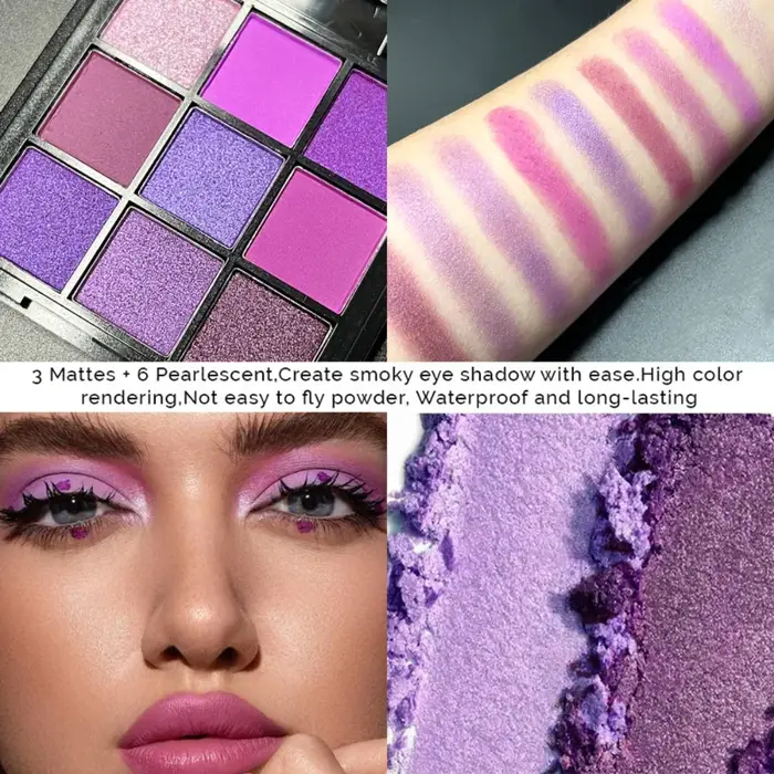 Palette de fards à paupières violets de 9 couleurs – Mat & Shimmer