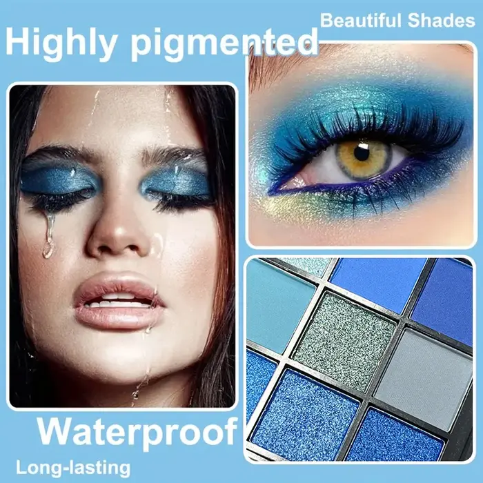 Palette de fards à paupières luxueuse bleue 9 couleurs - Effet mat velouté et scintillant, maquillage pour les yeux fumés durable, imperméable et longue tenue