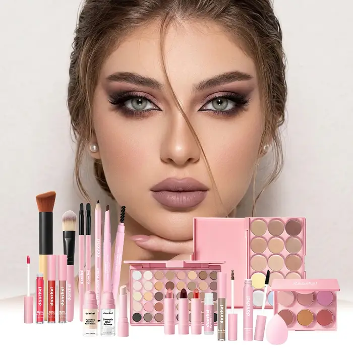 Ensemble de maquillage pour le visage, fard à paupières, contour, blush, rouge à lèvres, fond de teint, anticernes, crayon à sourcils, eye-liner, mascara, kit cosmétique avec pinceaux de maquillage