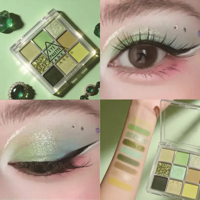 Palette de fards à paupières vert menthe 9 couleurs, longue tenue, nacré, scintillant, mat, effet fo