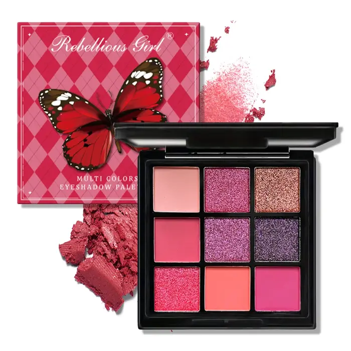 Palette de fards à paupières 9 couleurs, rouge et rose, mat, scintillant, finitions métalliques pour