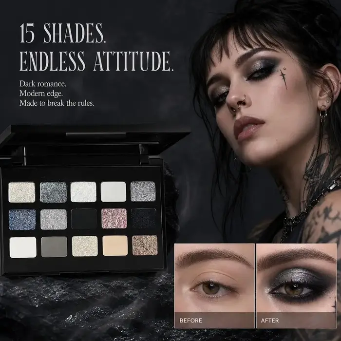 Palette de fards à paupières fumés aux tons froids, 15 nuances, gris foncé, métallique, scintillant, mat, pigmenté, maquillage pour les yeux imperméable