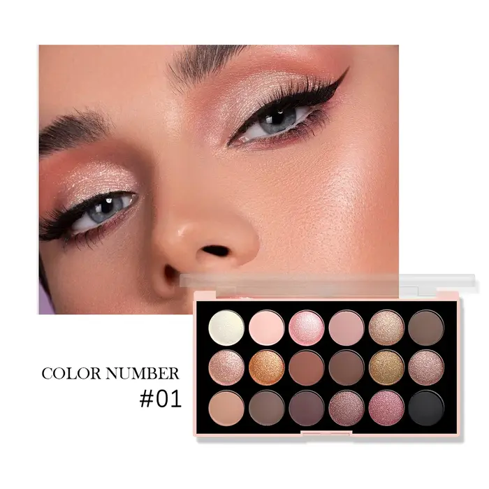 Palette de fards à paupières 18 couleurs – Perlescent, mat, scintillant fin, paillettes, tons terre,