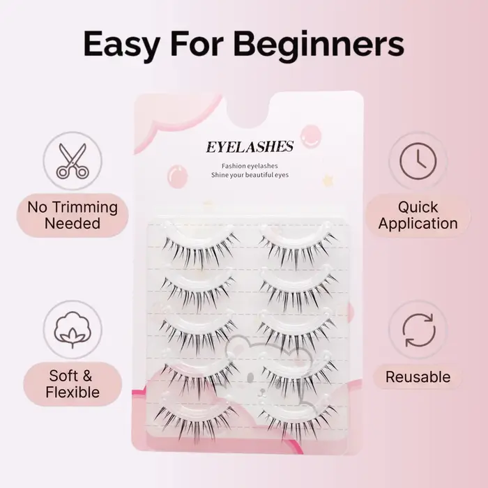Un coffret de cinq paires de faux cils de style manga avec une base transparente