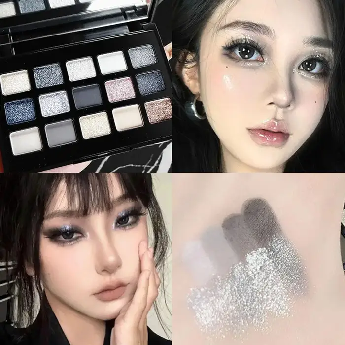 Palette de fards à paupières fumés aux tons froids, 15 nuances, gris foncé, métallique, scintillant, mat, pigmenté, maquillage pour les yeux imperméable