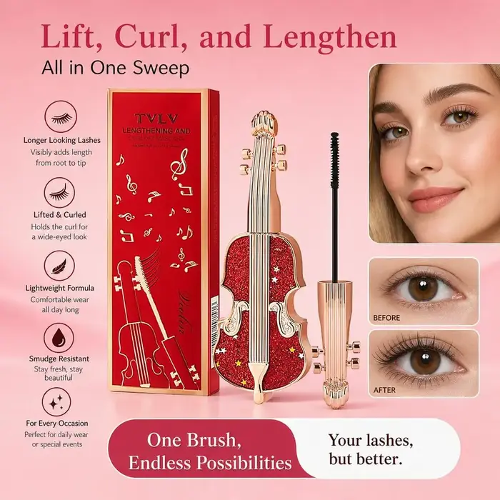 Mascara allongeant et recourbant Violin, waterproof, avec brosse fine et très fine pour un recourbement longue durée, sans bavures, pour un maquillage des yeux soigné.
