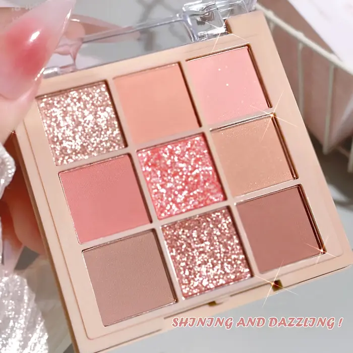 Palette de fards à paupières brillants de 9 couleurs, finition scintillante nacrée, corail marron, c