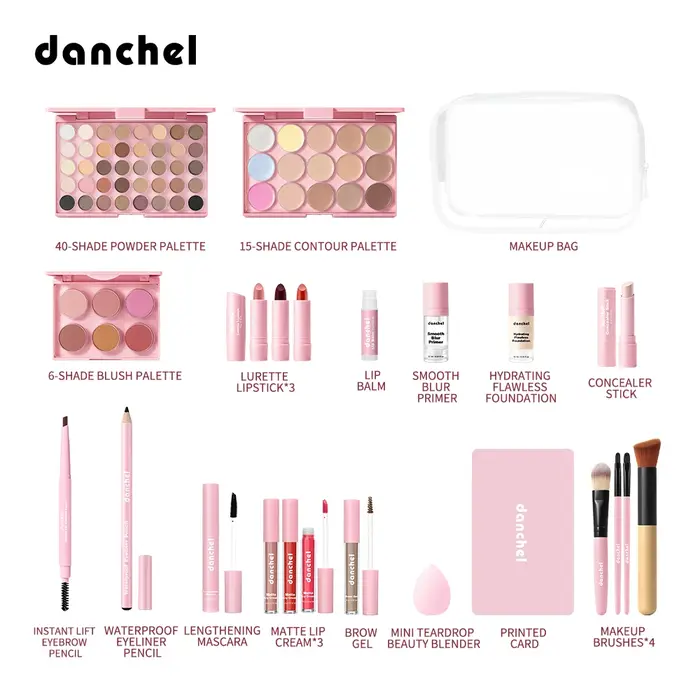 Ensemble de maquillage pour le visage, fard à paupières, contour, blush, rouge à lèvres, fond de teint, anticernes, crayon à sourcils, eye-liner, mascara, kit cosmétique avec pinceaux de maquillage