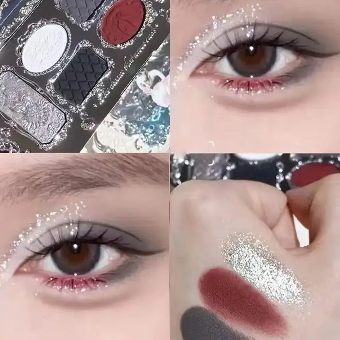 Palette de fards à paupières 6 couleurs Black Swan, tons froids, mats, pailletés, scintillants fins, pour maquillage yeux gothique et smoky, palette visage