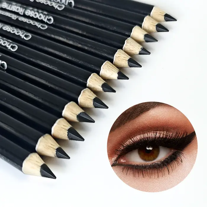 Crayon Eyeliner noir 12 pièces, stylo à tige en bois, Eye-Liner à crochet noir solide avec divers ma