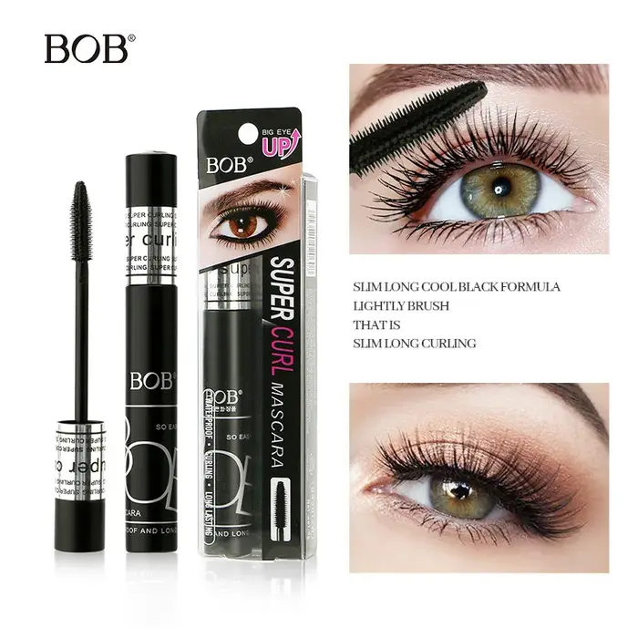 BOB Mascara longue tenue waterproof avec brosse courbée pour épaissir et recourber les cils, applica
