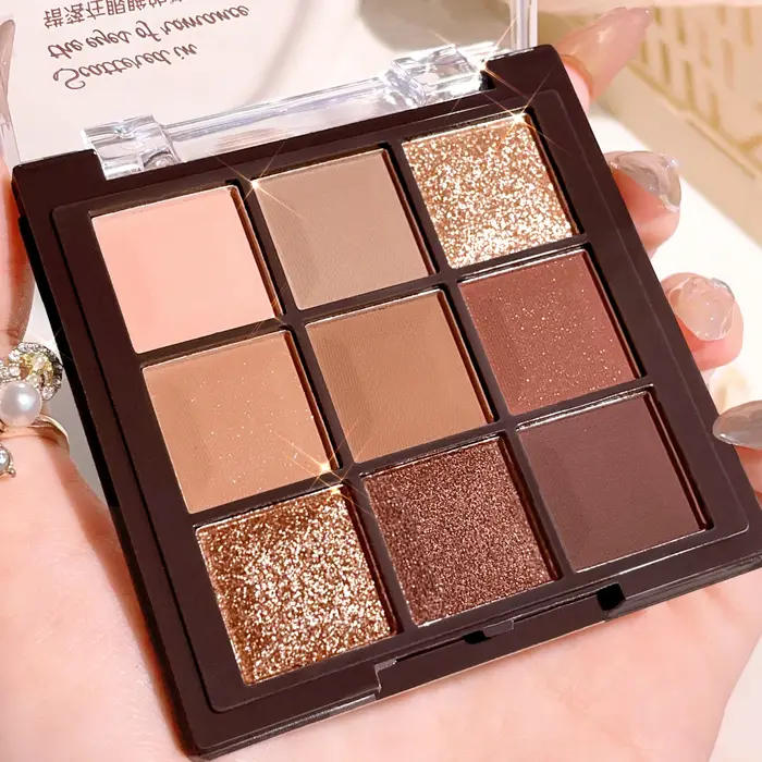 Palette de fards à paupières chocolat 9 couleurs avec brillance nacrée, paillettes fines, tons mats 