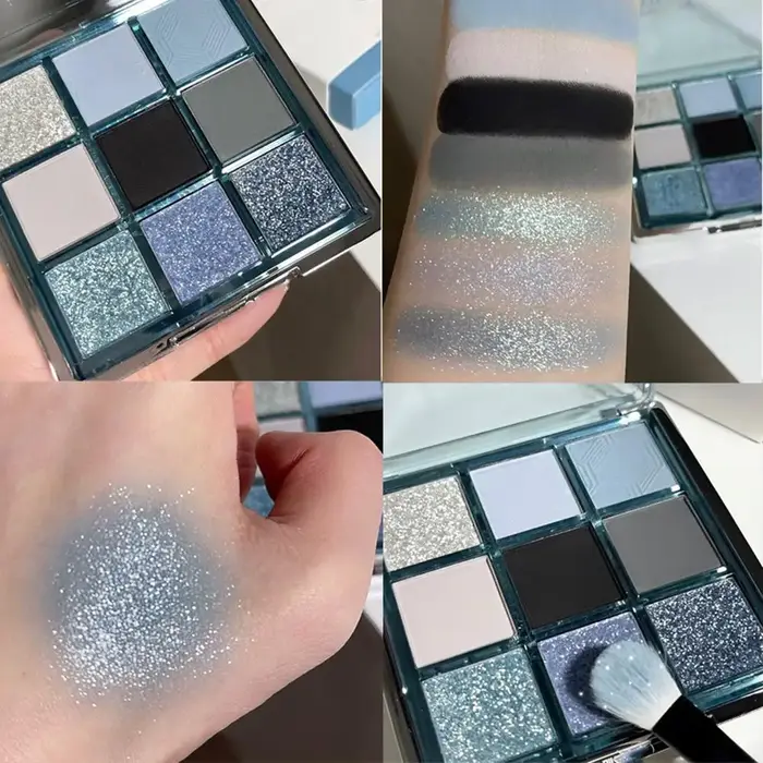 Palette de fards à paupières 9 couleurs, bleu noir nacré, maquillage pour les yeux, couleurs vives, brillantes, imperméables et durables