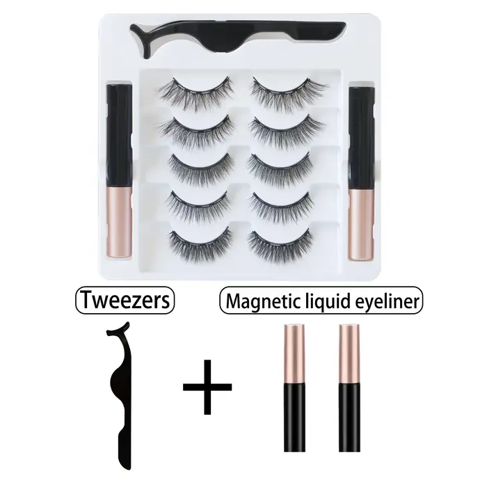 5 rangées 10 paires de faux cils magnétiques naturellement épais bouclés noirs avec Eyeliner magnéti